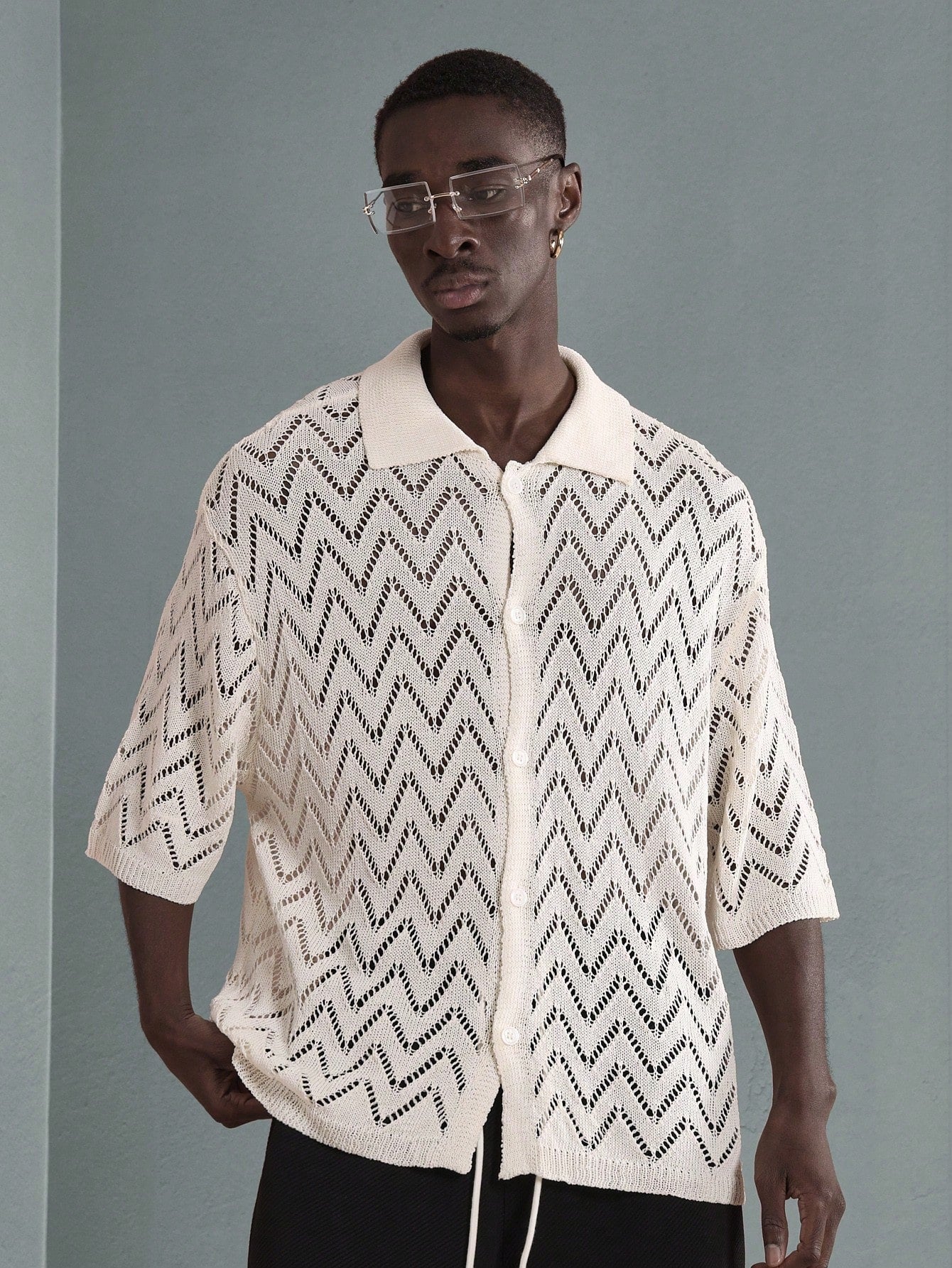 Men’s Luxury Chevron Crochet Knit Polo Resort Shirt