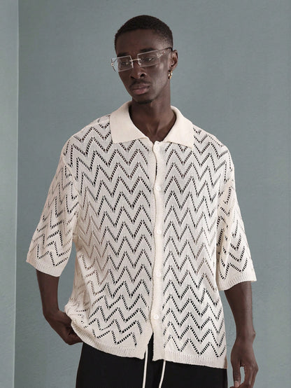 Men’s Luxury Chevron Crochet Knit Polo Resort Shirt
