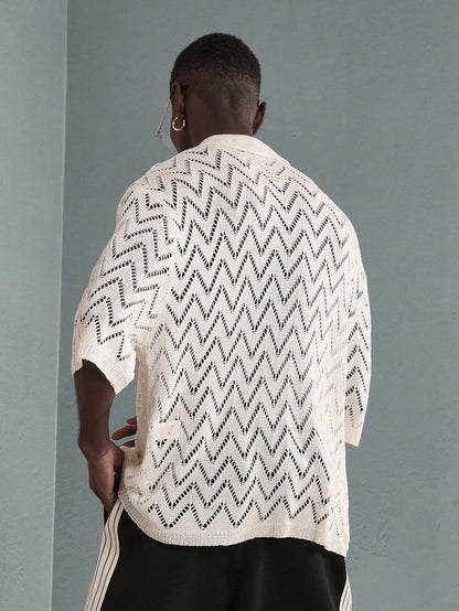 Men’s Luxury Chevron Crochet Knit Polo Resort Shirt