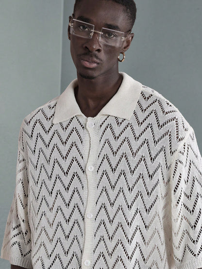Men’s Luxury Chevron Crochet Knit Polo Resort Shirt