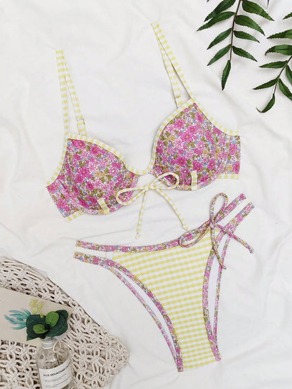 Tropical Padded Bikini Set with Tassel & Lace