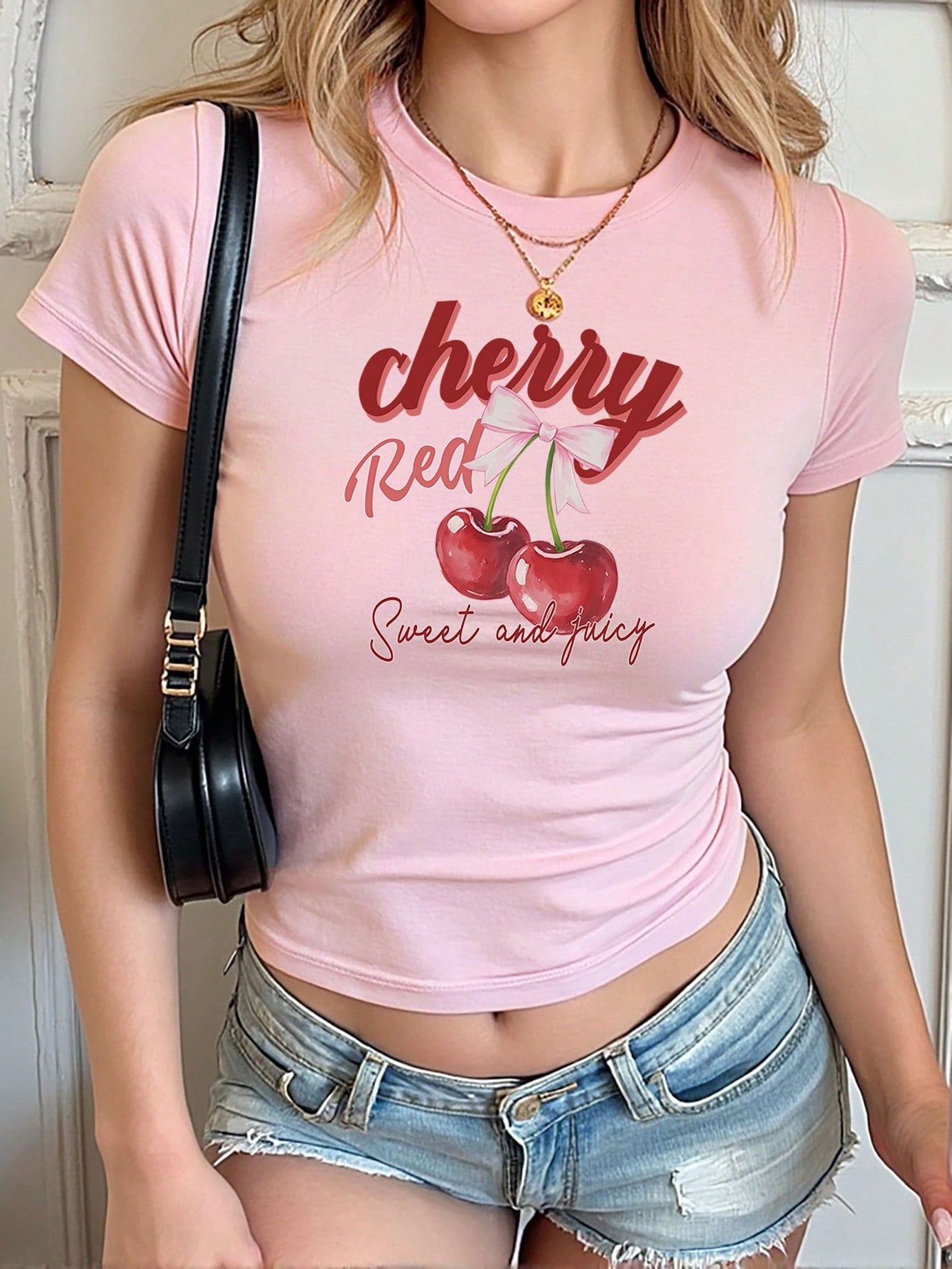 Pink Cherry Y2K Cute Cropped T-Shirt