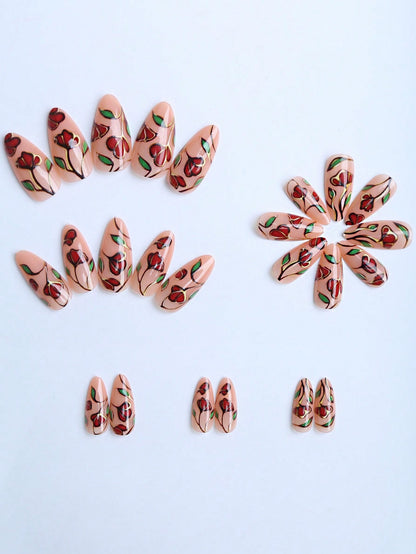 Hand-Painted Red Rose Almond Press-On Nail Gift Box