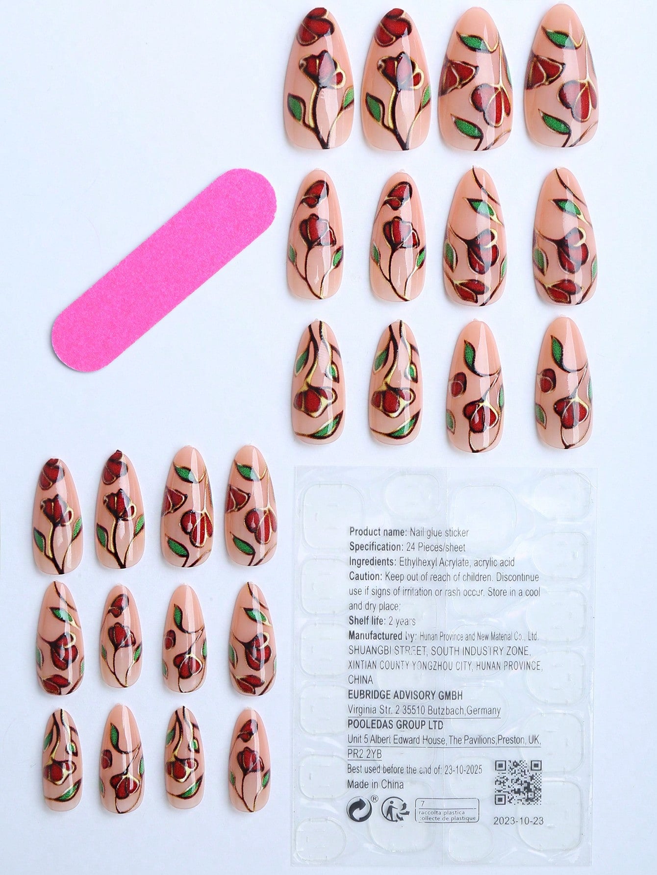 Hand-Painted Red Rose Almond Press-On Nail Gift Box