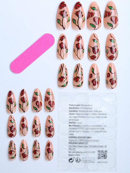 Hand-Painted Red Rose Almond Press-On Nail Gift Box