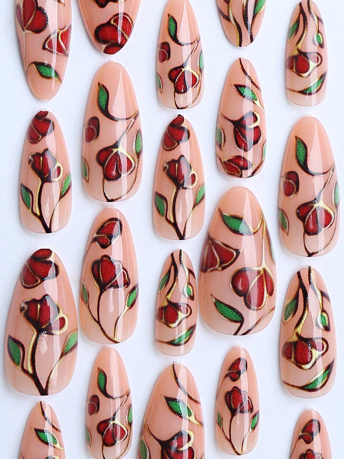 Hand-Painted Red Rose Almond Press-On Nail Gift Box
