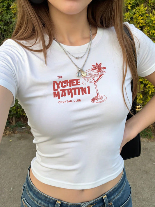 Y2K White Martini Cocktail Graphic Crop Top T-Shirt