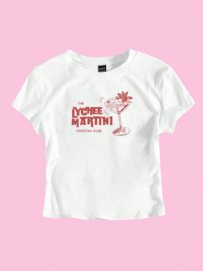 Y2K White Martini Cocktail Graphic Crop Top T-Shirt