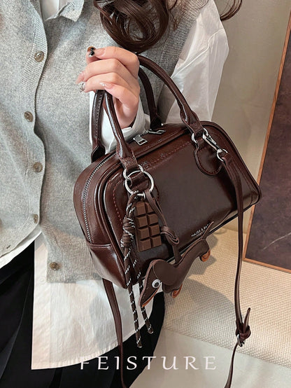 Vintage PU Leather Bowling Bag Square Crossbody Handbag