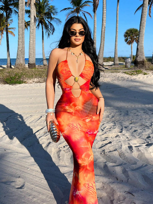 Women's Boho Multicolor Halter Tie-Dye Mesh Maxi Dress