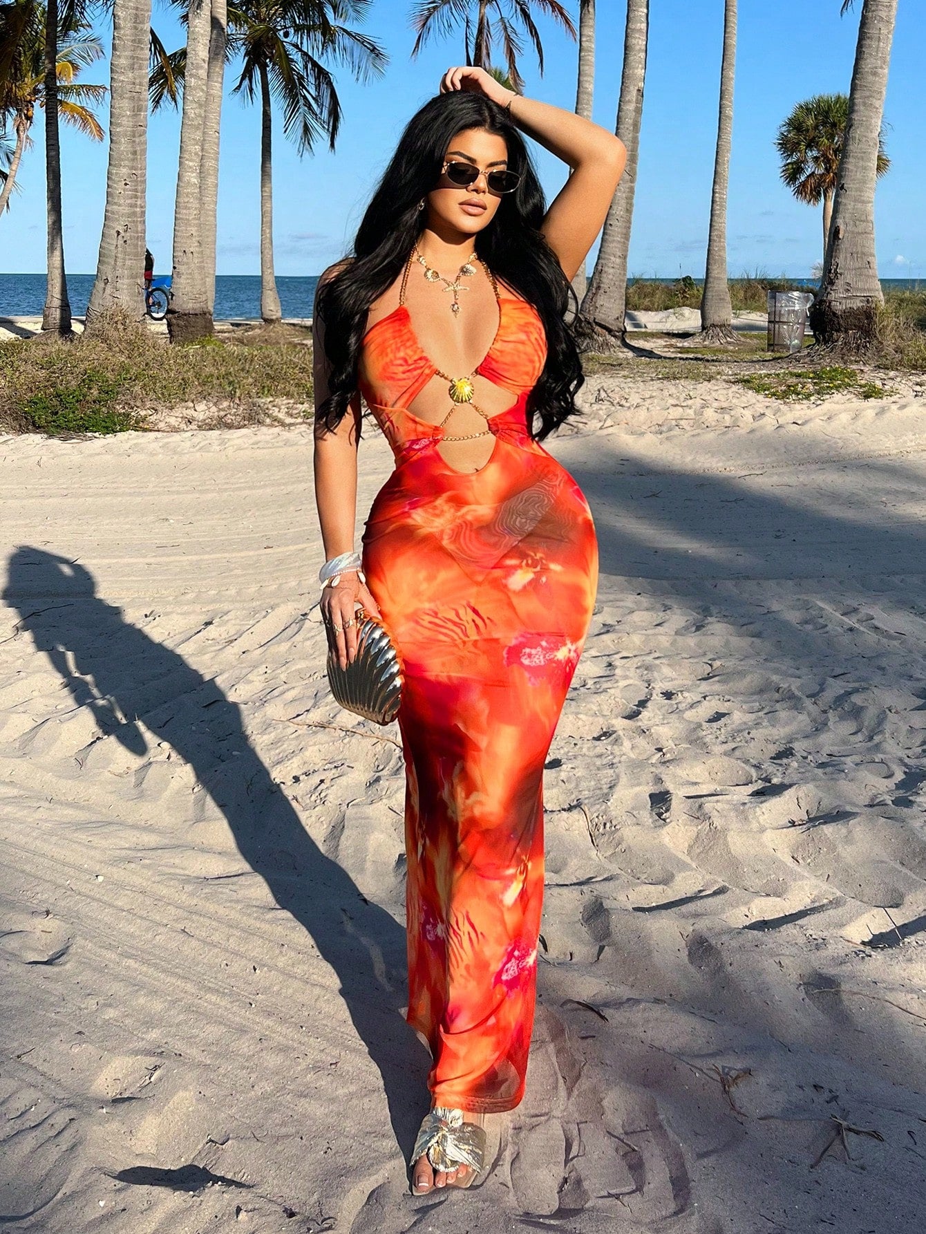 Women's Boho Multicolor Halter Tie-Dye Mesh Maxi Dress