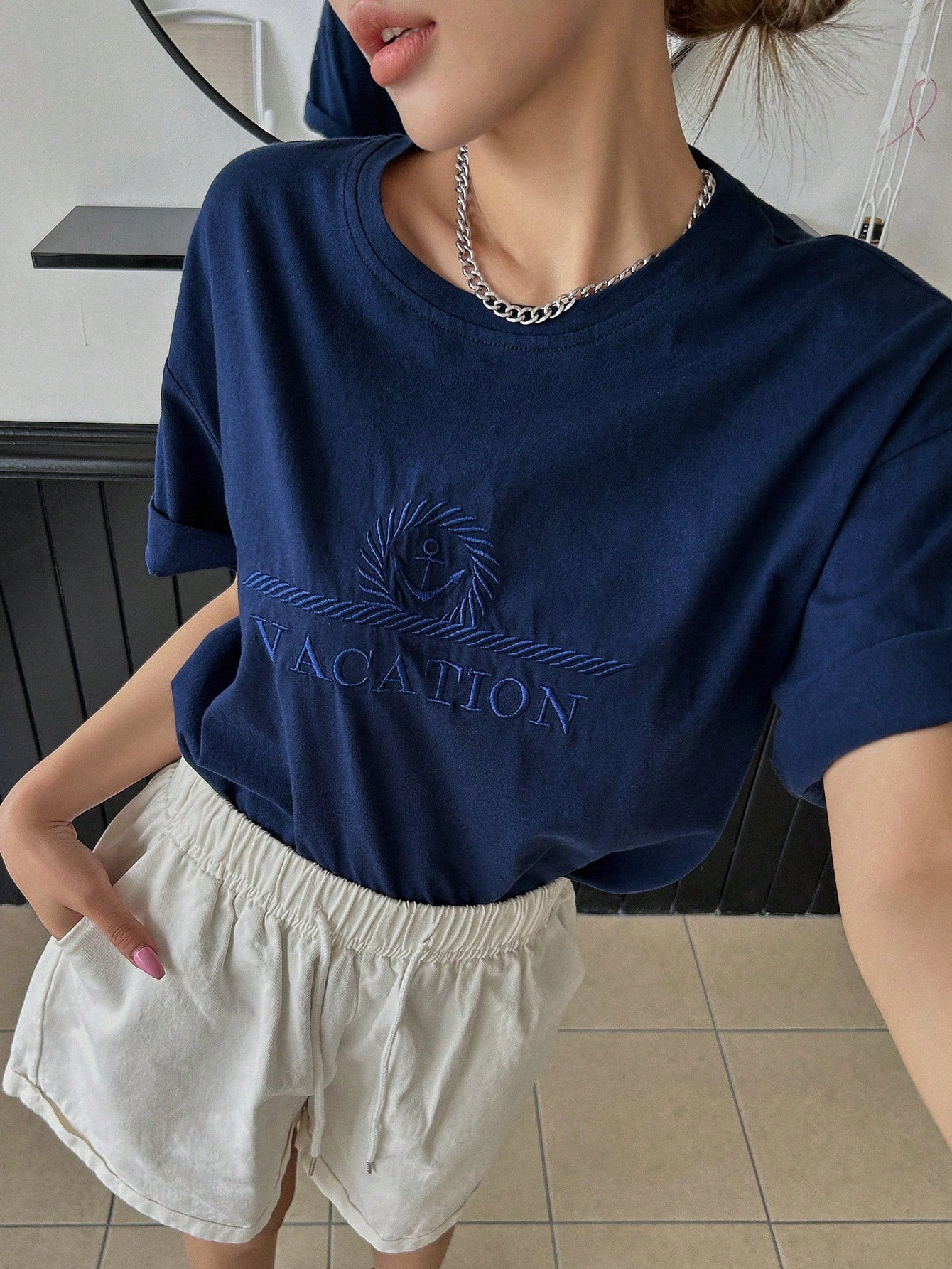 Letter Embroidery Drop Shoulder Casual Tee