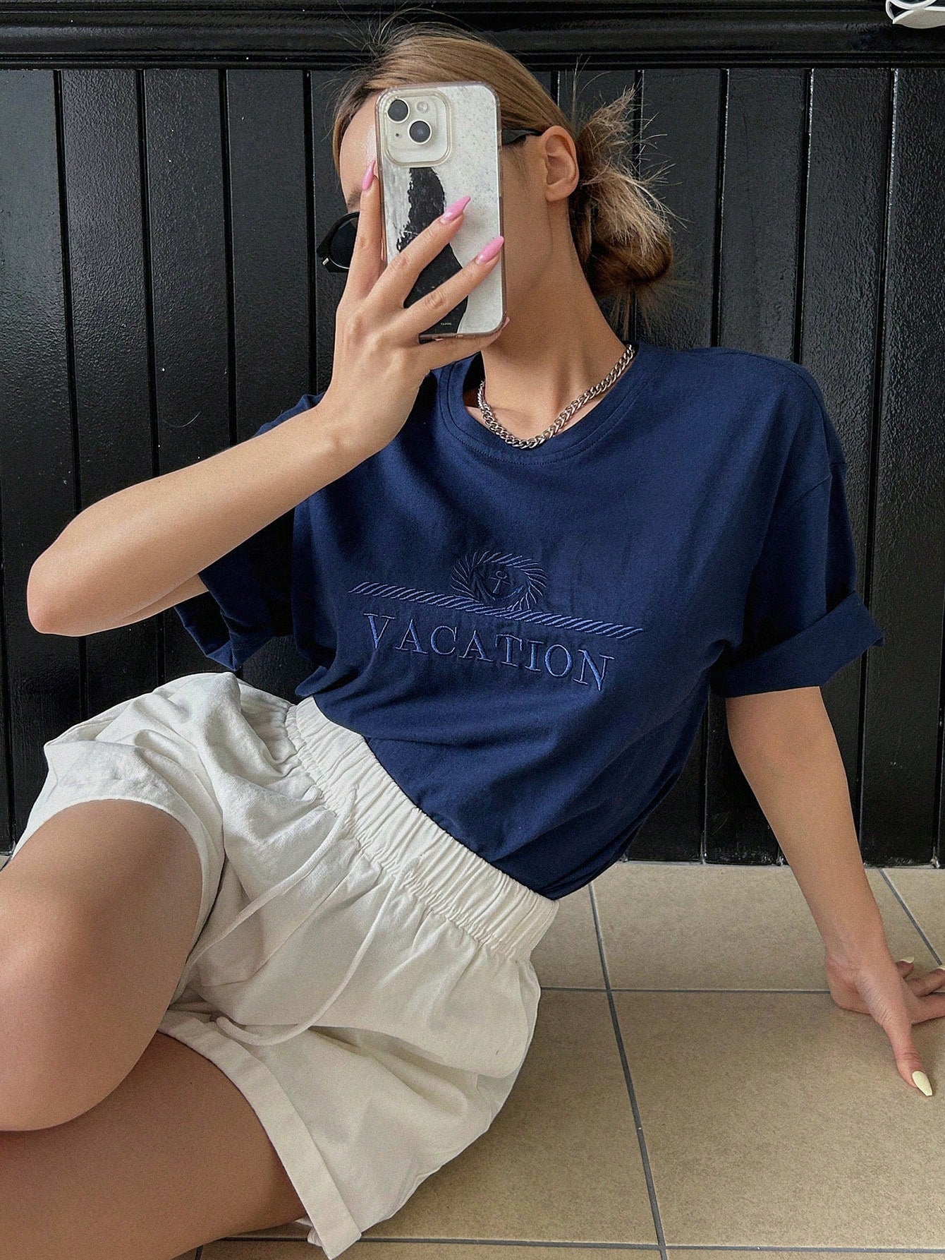 Letter Embroidery Drop Shoulder Casual Tee