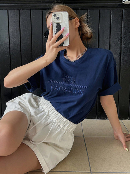 Letter Embroidery Drop Shoulder Casual Tee