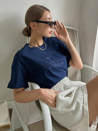Letter Embroidery Drop Shoulder Casual Tee