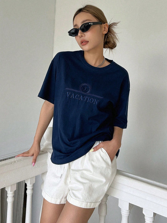 Letter Embroidery Drop Shoulder Casual Tee