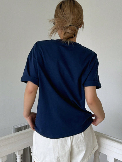 Letter Embroidery Drop Shoulder Casual Tee