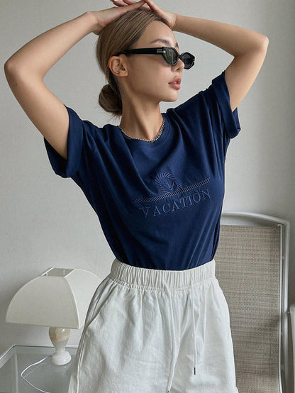 Letter Embroidery Drop Shoulder Casual Tee