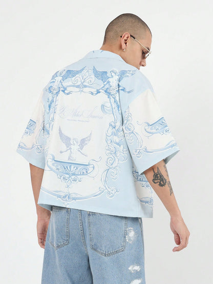 Oversized Angel Wing Print Luxury Resort Button Down