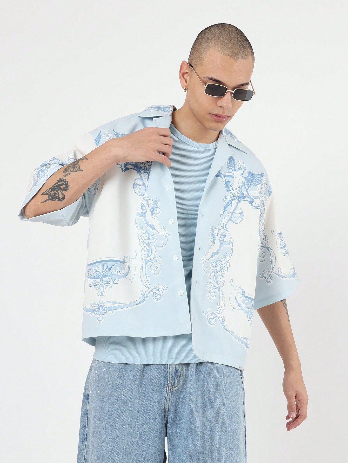 Oversized Angel Wing Print Luxury Resort Button Down