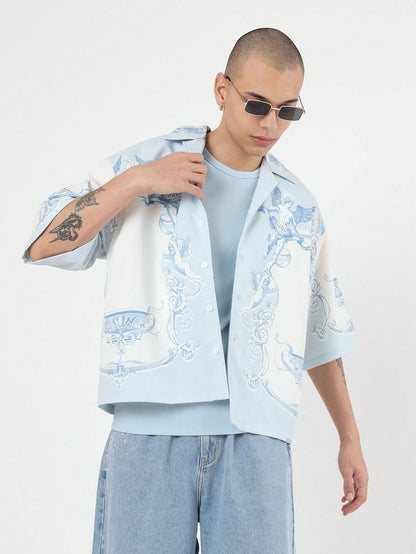 Oversized Angel Wing Print Luxury Resort Button Down