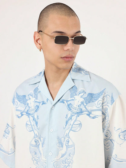 Oversized Angel Wing Print Luxury Resort Button Down