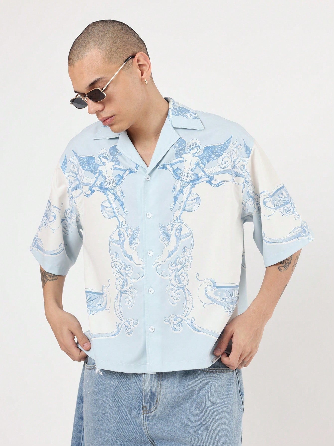 Oversized Angel Wing Print Luxury Resort Button Down