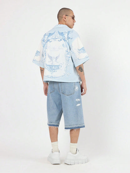 Oversized Angel Wing Print Luxury Resort Button Down