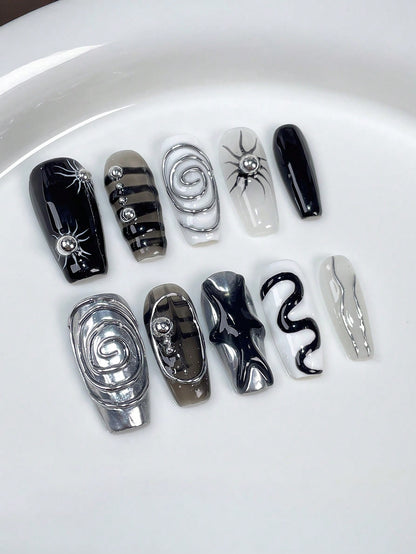 Y2K Chrome Silver Liquid Metal Coffin Press-On Nails