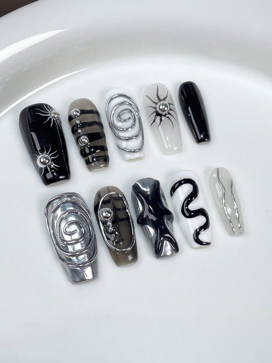 Y2K Chrome Silver Liquid Metal Coffin Press-On Nails
