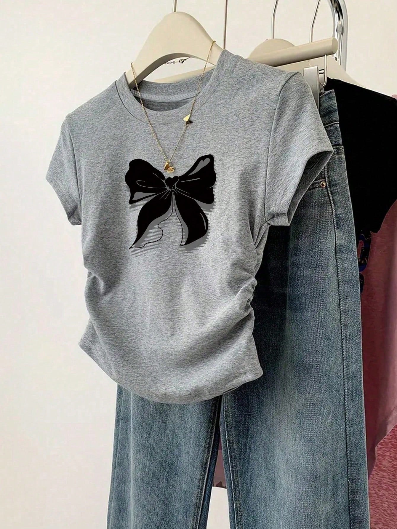 Women's Bow Print Ruched Short Sleeve Casual T-Shirt