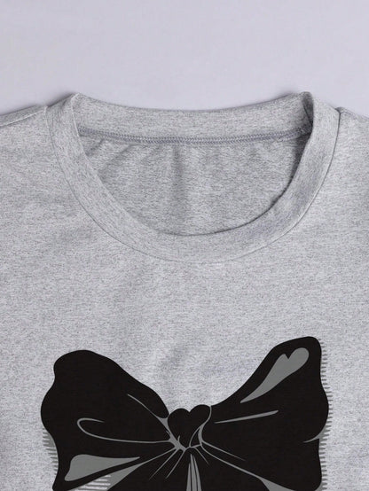 Women's Bow Print Ruched Short Sleeve Casual T-Shirt