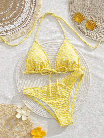 Bowknot Detail Ditsy Floral Bikini Swimsuit Set