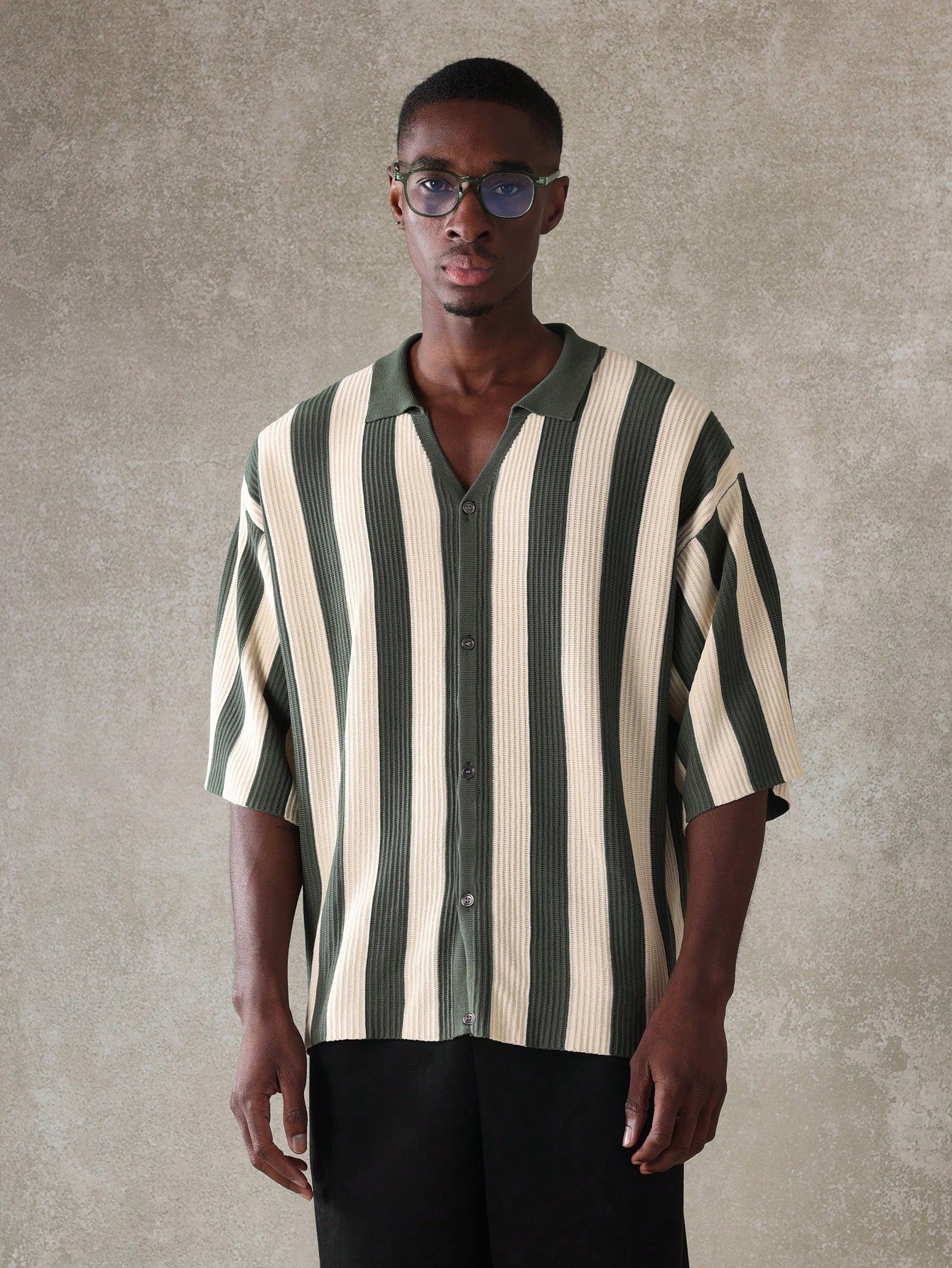 Relaxed Vertical Stripe Knitted Polo Shirt