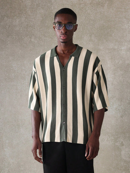 Relaxed Vertical Stripe Knitted Polo Shirt