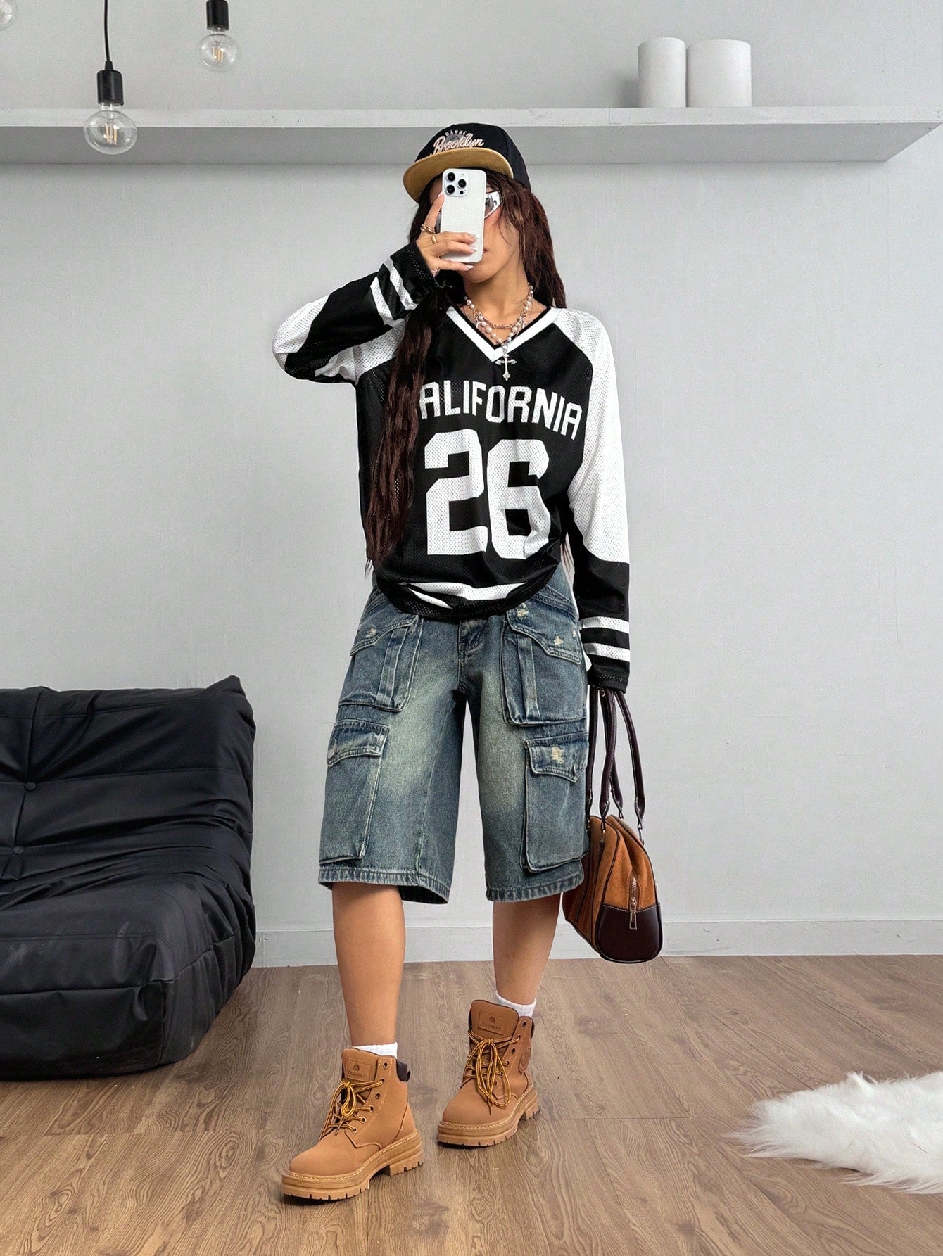 Women's Oversized Black Letter Print V-Neck Jersey