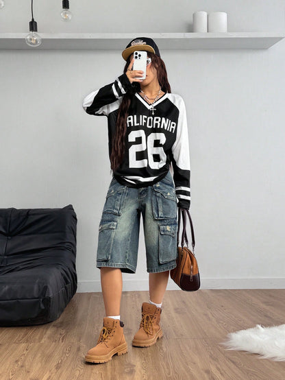 Women's Oversized Black Letter Print V-Neck Jersey