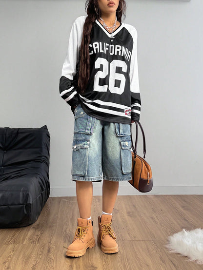 Women's Oversized Black Letter Print V-Neck Jersey