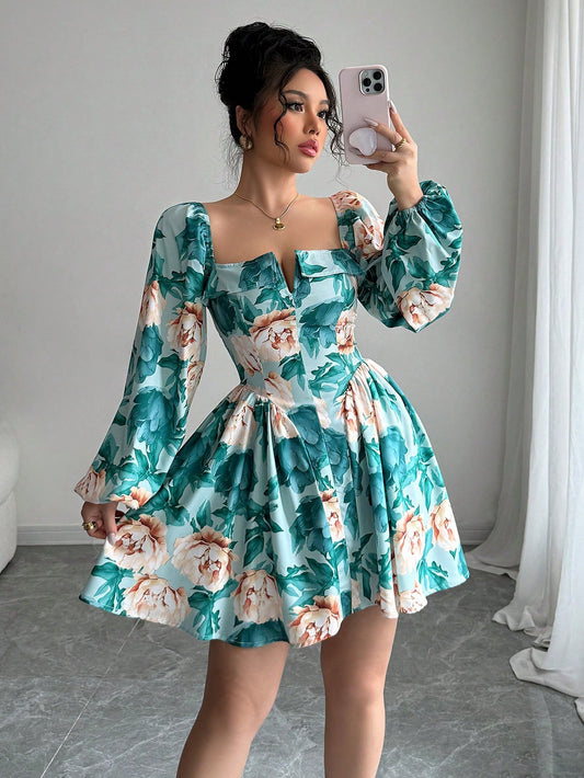 Romantic Floral Square Neck Mini Dress for Valentine's Day