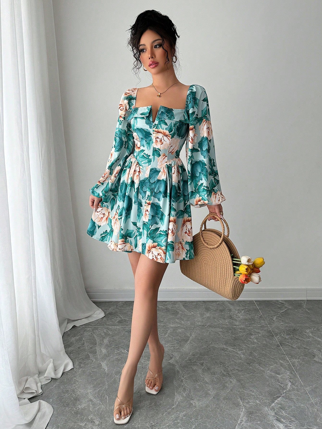 Romantic Floral Square Neck Mini Dress for Valentine's Day
