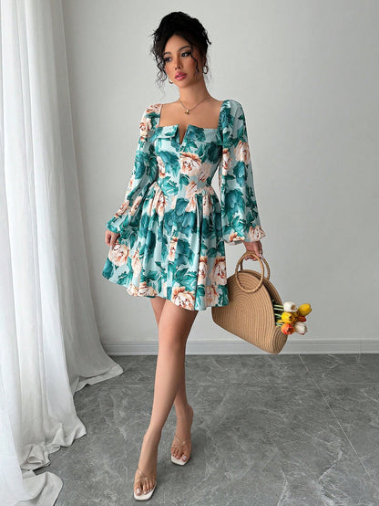 Romantic Floral Square Neck Mini Dress for Valentine's Day
