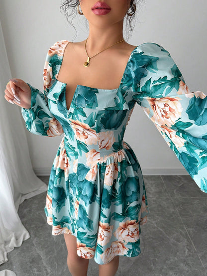 Romantic Floral Square Neck Mini Dress for Valentine's Day