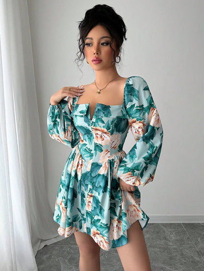 Romantic Floral Square Neck Mini Dress for Valentine's Day