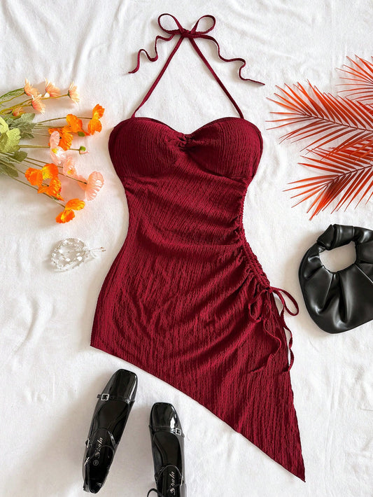 Burgundy Halter Neck Asymmetrical Mini Cami Dress