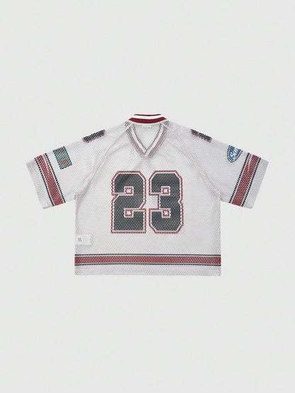 Red & White Colorblock Notched Crop Jersey