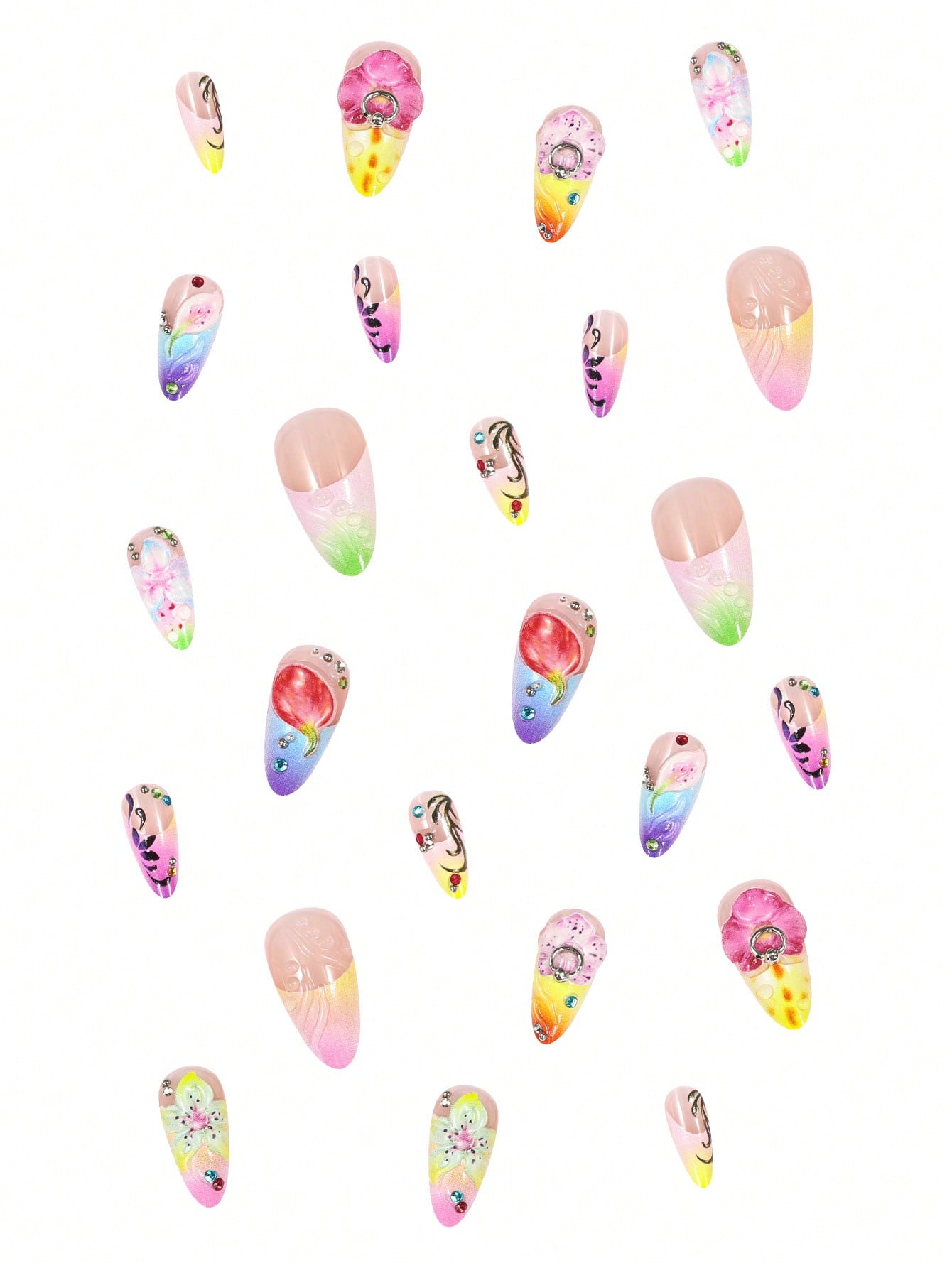 3D Spring Green Floral Long Coffin Press-On Nails