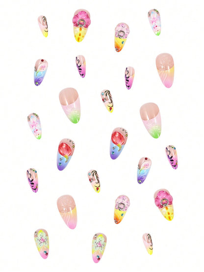 3D Spring Green Floral Long Coffin Press-On Nails
