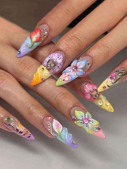 3D Spring Green Floral Long Coffin Press-On Nails