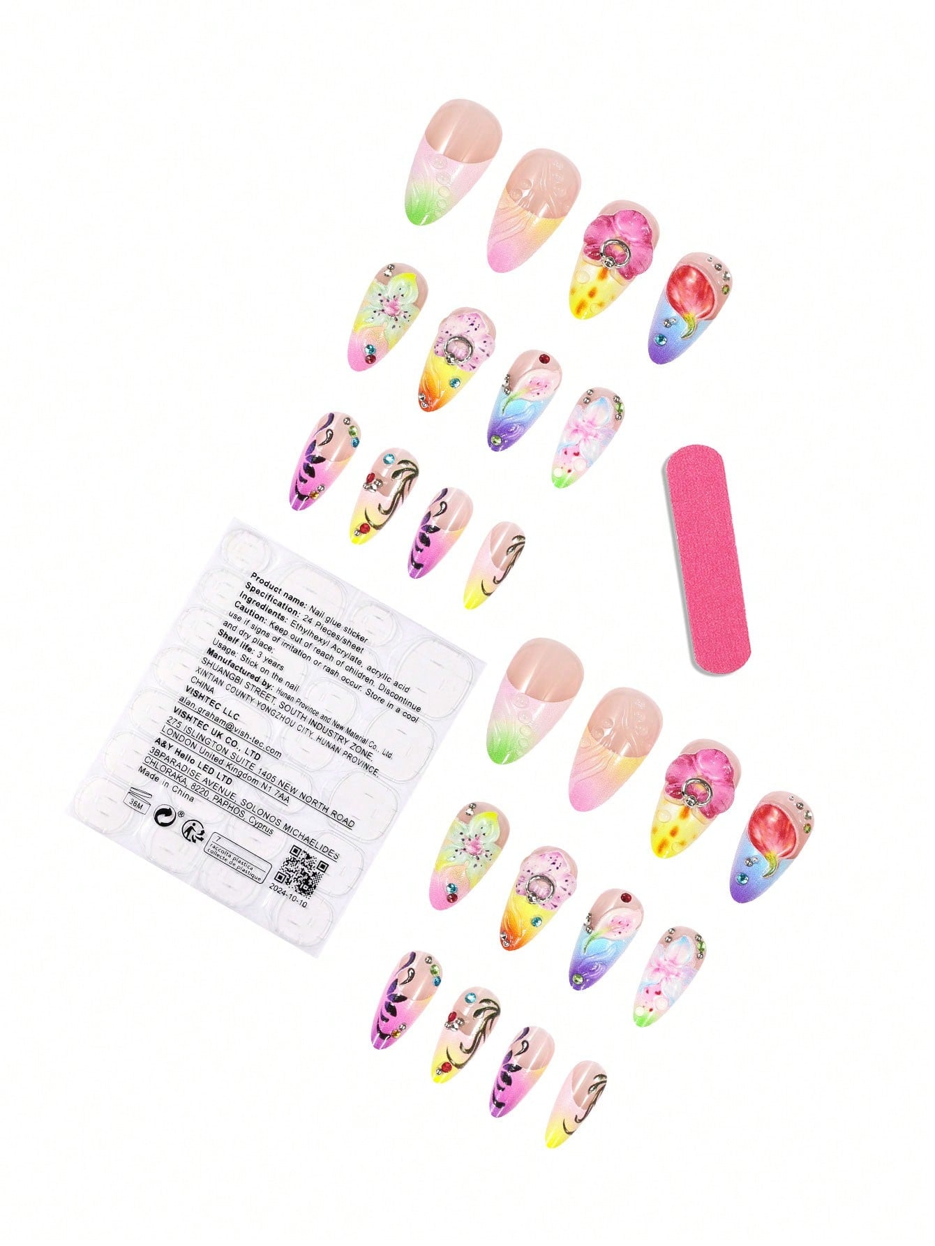 3D Spring Green Floral Long Coffin Press-On Nails