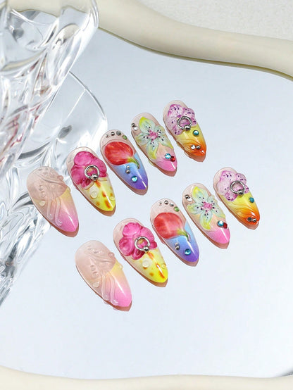 3D Spring Green Floral Long Coffin Press-On Nails